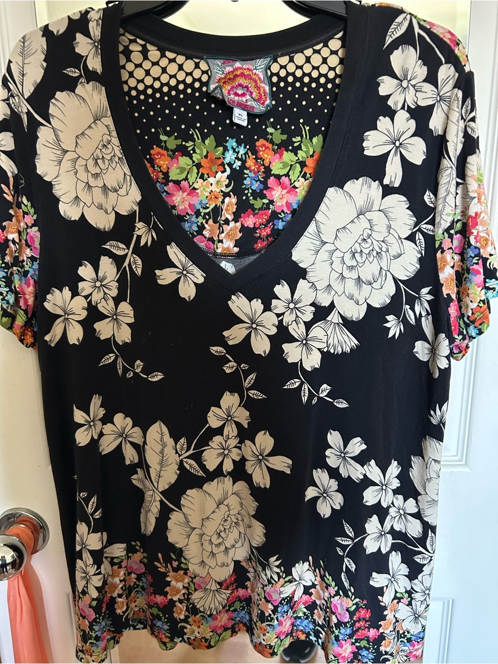 Johnny Was Black V-Neck Tee with Cream Floral Print and Multicolor Hem